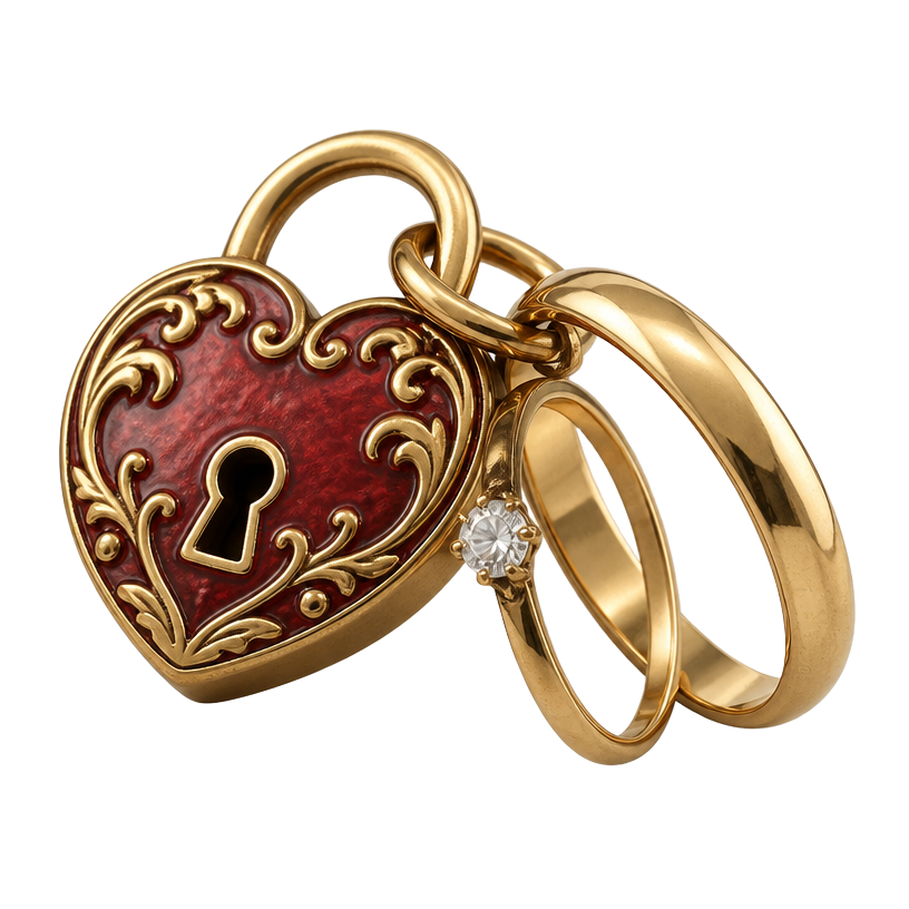 Cadeado vermelho em forma de coração com duas alianças douradas, uma com diamante, símbolo de amor selado e protegido